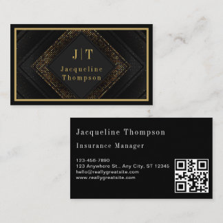 Tarjeta De Visita Luxury elegant black leather gold monogram qr code