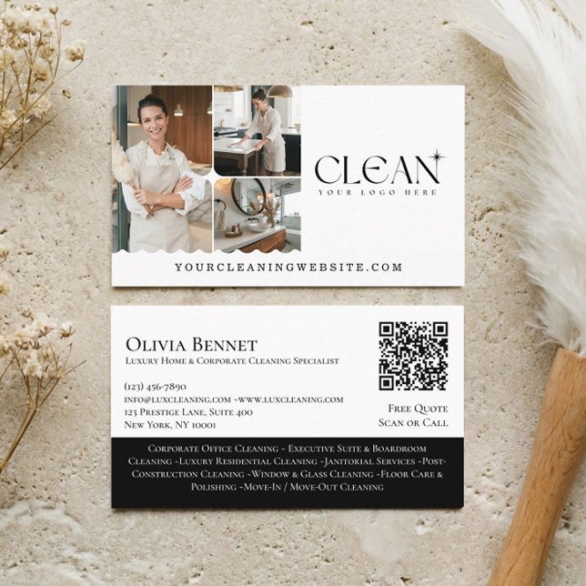 Tarjeta De Visita Luxury Elegant Maid House Cleaning Photo QR Code (Luxury Elegant Maid House Cleaning Photo QR Code Business Card)