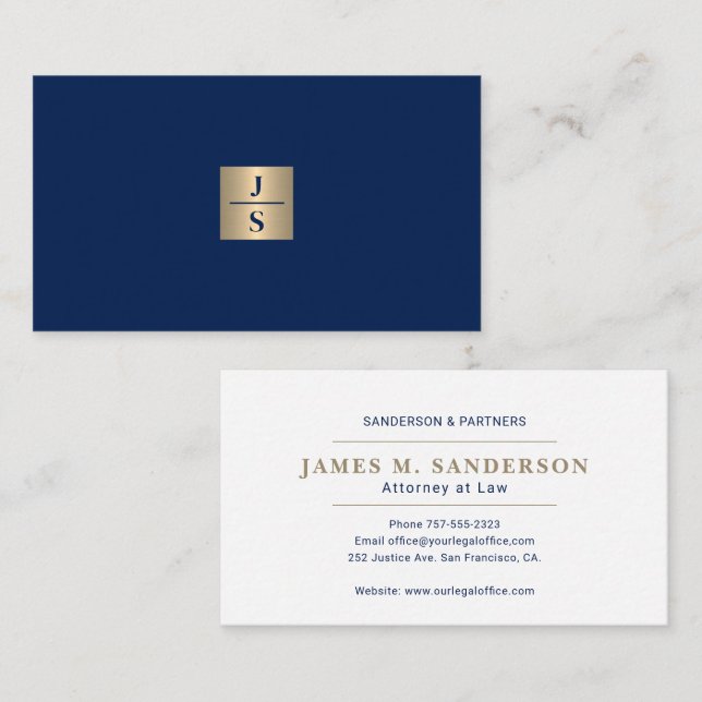 Tarjeta De Visita Luxury elegant monogram navy gold attorney (Anverso / Reverso)