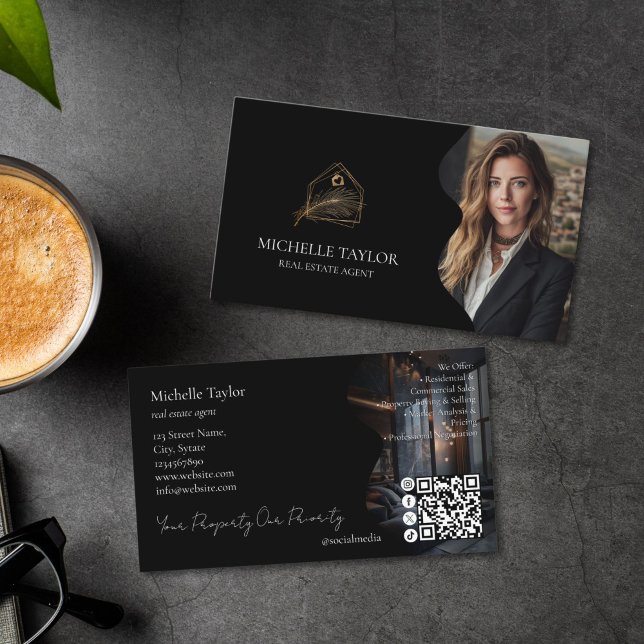 Tarjeta De Visita Luxury Elegant Real Estate Realtor Photo Gold (luxury gold and black real estate agent business card with your photo and business card)