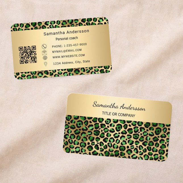 Tarjeta De Visita Luxury Emerald Green Gold Leopard Print QR Code (Subido por el creador)