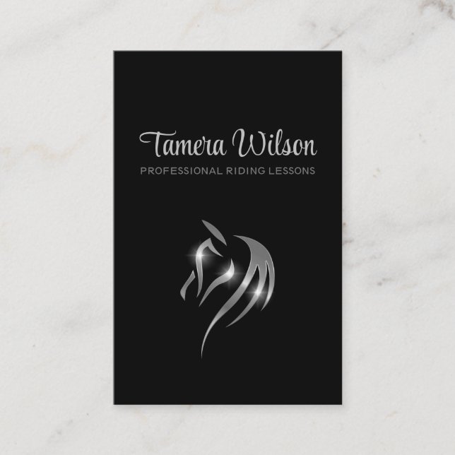 Tarjeta De Visita Luxury Equestrian Horse Training Silver Black (Anverso)
