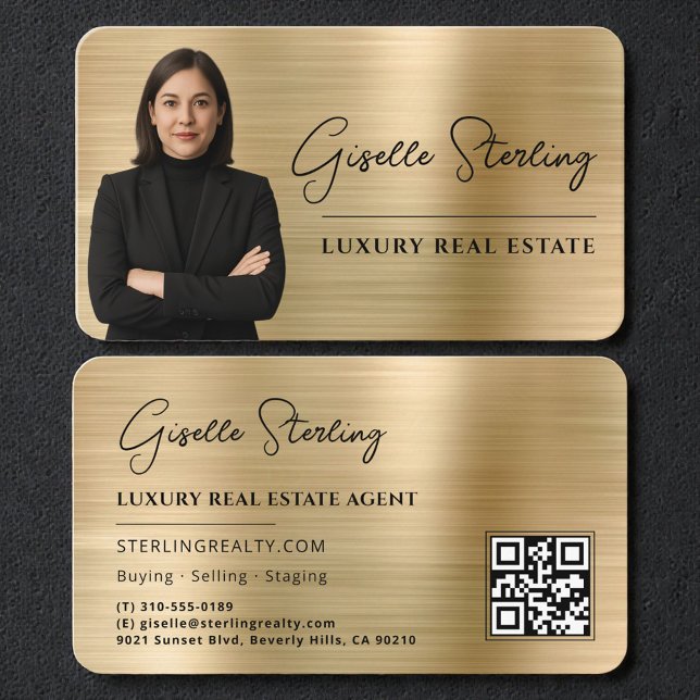 Tarjeta De Visita Luxury Faux Gold Metallic Realtor Photo QR Code (Subido por el creador)