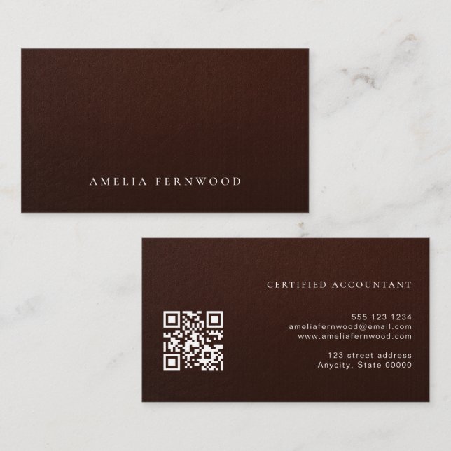 Tarjeta De Visita Luxury Faux Leather Certified Accountant QR Code (Anverso / Reverso)