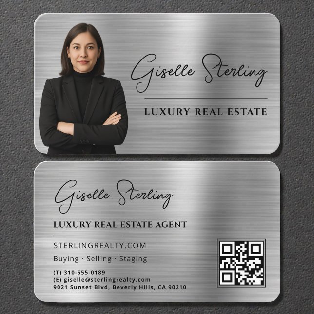 Tarjeta De Visita Luxury Faux Silver Metallic Realtor Photo QR Code (Subido por el creador)