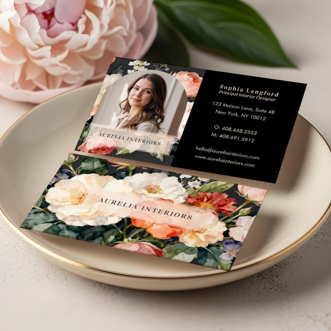 Tarjeta De Visita Luxury Floral Arch Photo Stylish Interior Designer (Luxury Floral Arch Photo Stylish Interior Designer Business Card)
