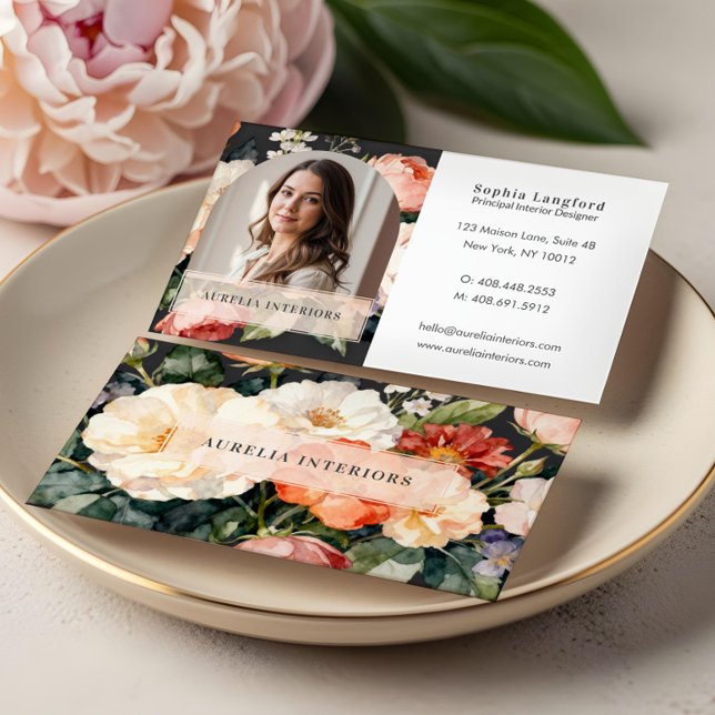 Tarjeta De Visita Luxury Floral Arch Photo Stylish Interior Designer (Luxury Floral Arch Photo Stylish Interior Designer Business Card)
