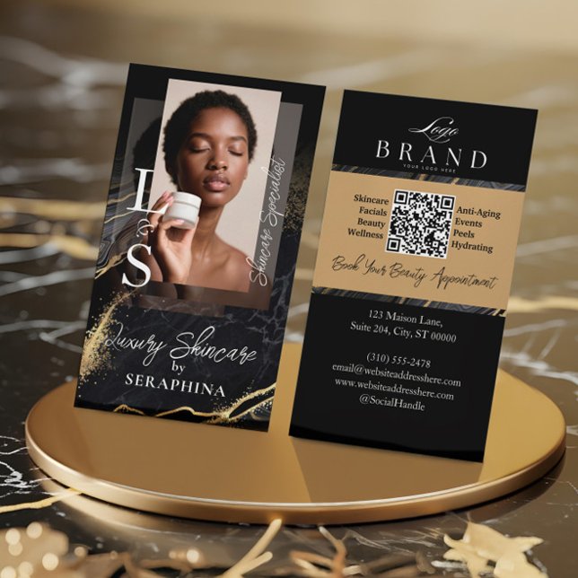Tarjeta De Visita Luxury Glam Skincare Esthetician Black Gold Agate (Luxury Glam Skincare Esthetician Black Gold Agate Business Card)