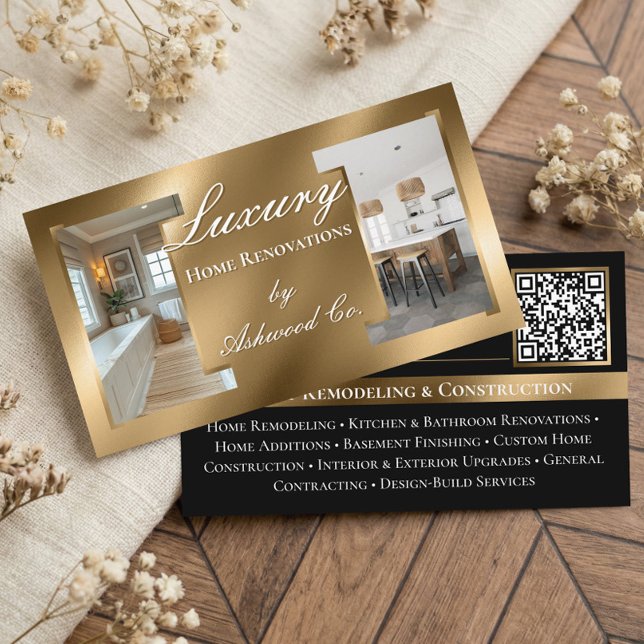 Tarjeta De Visita Luxury Gold Contractor Home Builder Photo QR Code (Luxury Contractor Home Builder Business QR Code Business Card)