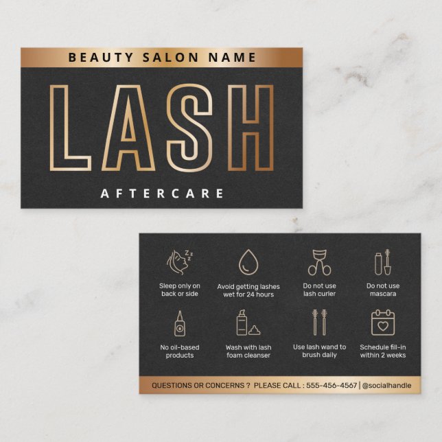 Tarjeta De Visita Luxury Gold Eyelash Extensions Lash Aftercare Card (Anverso / Reverso)