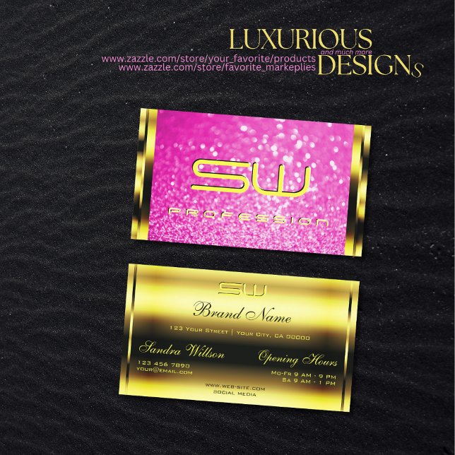 Tarjeta De Visita Luxury Gold Girly Pink Glitter Sparkle Initials (Subido por el creador)