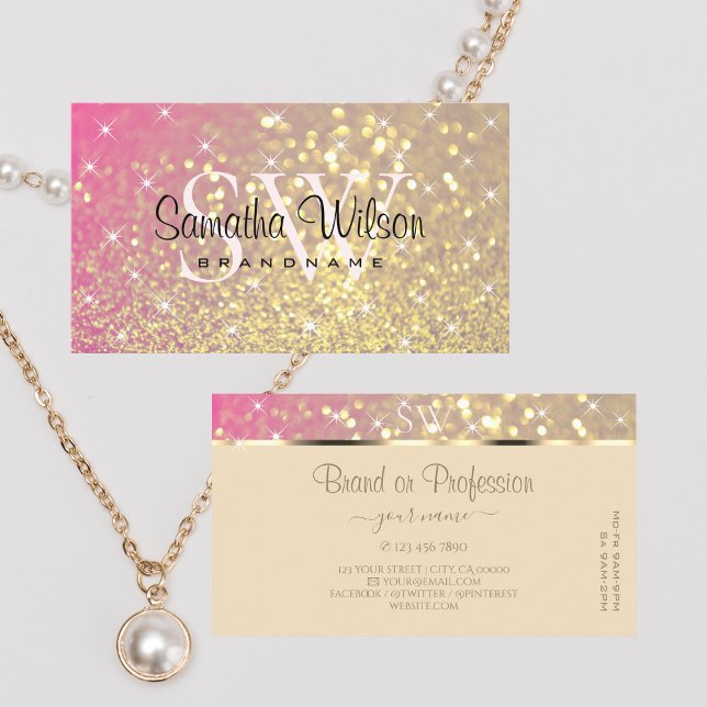 Tarjeta De Visita Luxury Gold Pink Purple Glitter Stars and Initials (Subido por el creador)