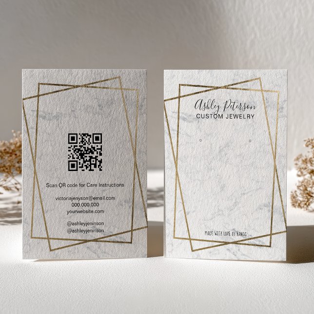 Tarjeta De Visita Luxury Gold White Marble QR code Earring Display (Luxury Gold White Marble QR code Earring Display Business Card)