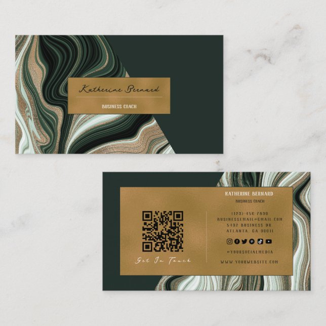 Tarjeta De Visita Luxury Green and Gold Marble Business Coach Card (Anverso / Reverso)