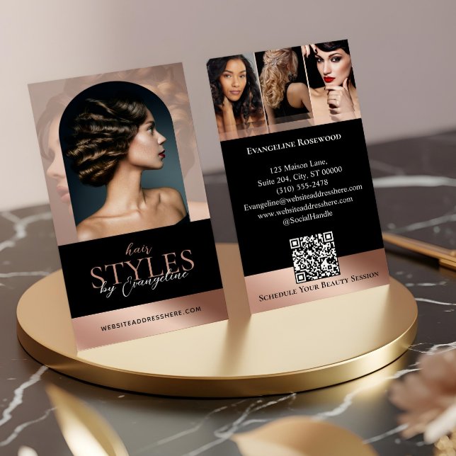 Tarjeta De Visita Luxury Hair Stylist Salon Arch Photo Black Pink (Luxury Hair Stylist Salon Arch Photo Black Pink Business Card)