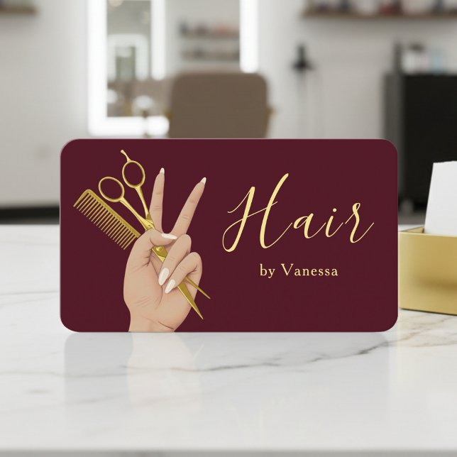 Tarjeta De Visita Luxury Hairstylist Hairdresser Modern Burgundy (Subido por el creador)