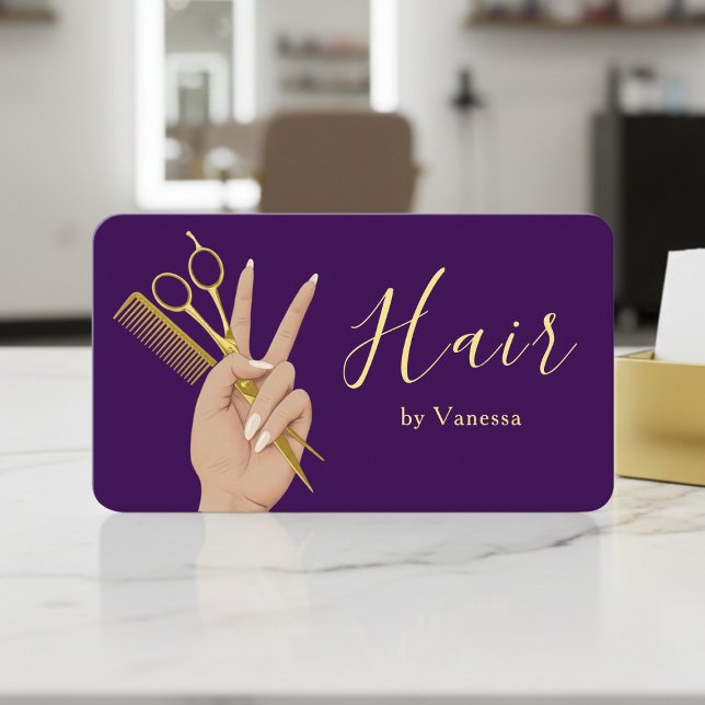Tarjeta De Visita Luxury Hairstylist Hairdresser Modern Gold Purple (Subido por el creador)