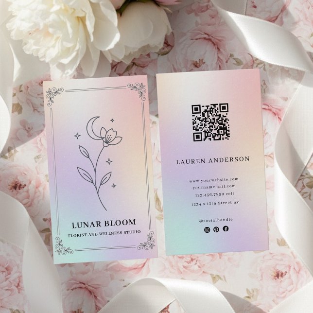 Tarjeta De Visita Luxury Iridescent Holographic Floral QR Code  (Subido por el creador)
