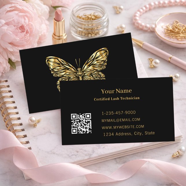 Tarjeta De Visita Luxury Lash Tech Black Gold Butterfly QR Code (Subido por el creador)