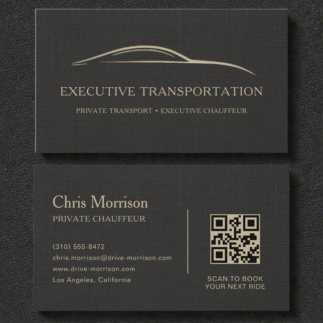 Tarjeta De Visita Luxury Linen Transport Car QR Code Black & Gold (Subido por el creador)