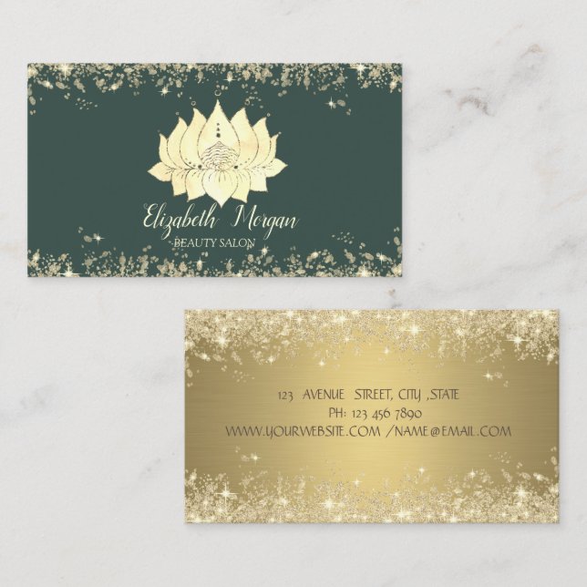 Tarjeta De Visita Luxury Lotus Flower Gold Glitter Dust Sage Green (Anverso / Reverso)