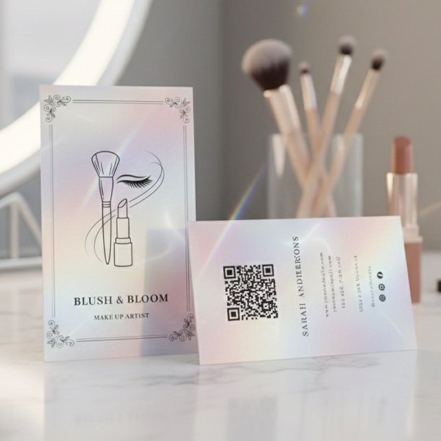 Tarjeta De Visita Luxury Makeup Artist with QR Code | Holographic (Subido por el creador)