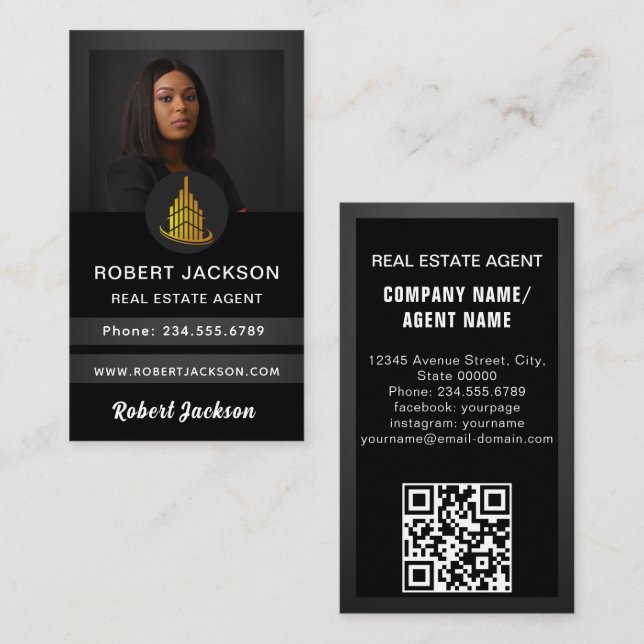 Tarjeta De Visita Luxury Modern add Photo Real Estate Agent Black (Anverso / Reverso)