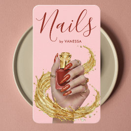 Tarjeta De Visita Luxury Nail Artist Manicurist Tomato Red Gold Pink