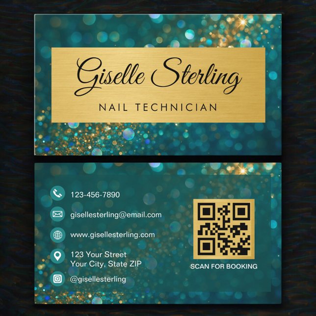 Tarjeta De Visita Luxury Nail Technician Gold Teal Glitter QR Code (Subido por el creador)