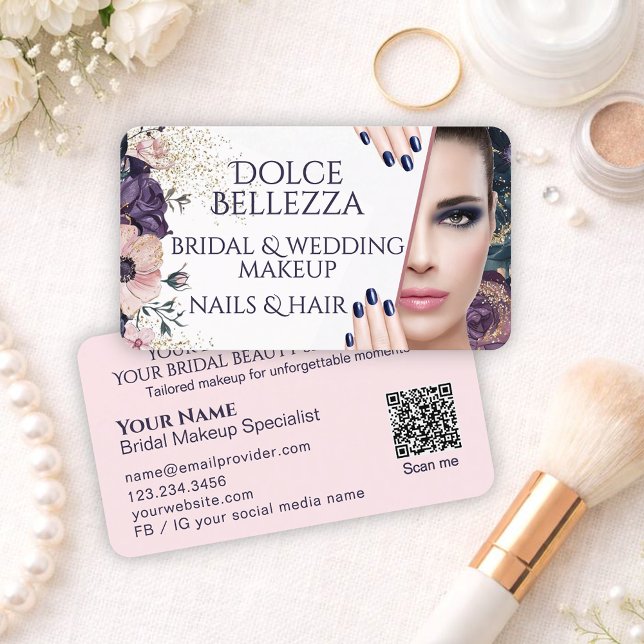 Tarjeta De Visita Luxury Pink Purple Floral Bridal Makeup Artist (Subido por el creador)