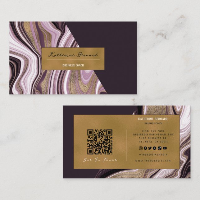 Tarjeta De Visita Luxury Purple and Gold Marble Business Coach Card (Anverso / Reverso)