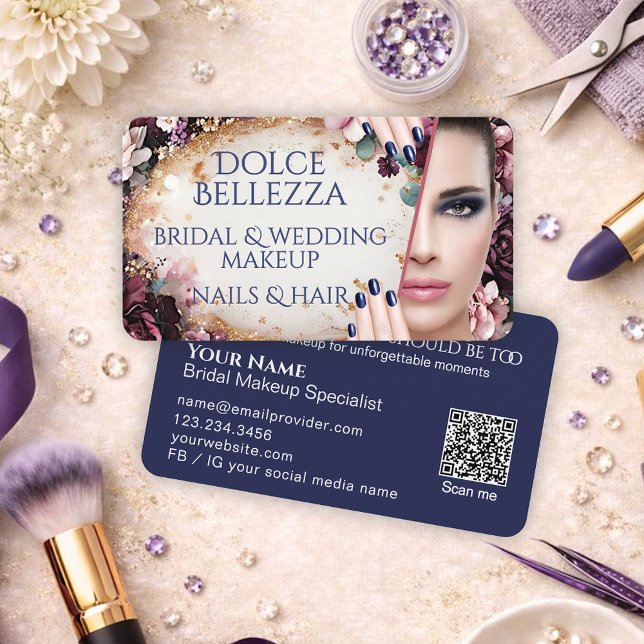 Tarjeta De Visita Luxury Purple Blue Floral Bridal Makeup Artist (Subido por el creador)