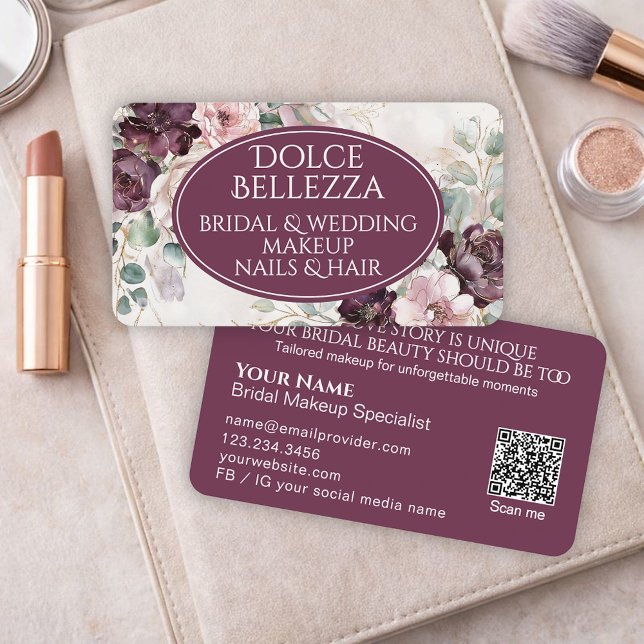 Tarjeta De Visita Luxury Purple Burgundy Floral Bridal Makeup Artist (Subido por el creador)