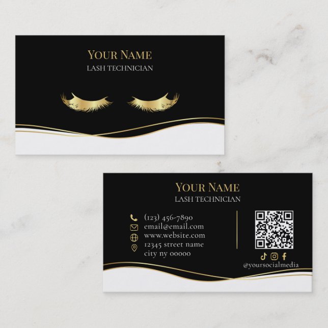 Tarjeta De Visita Luxury QR code Black and Gold Lash Technician (Anverso / Reverso)