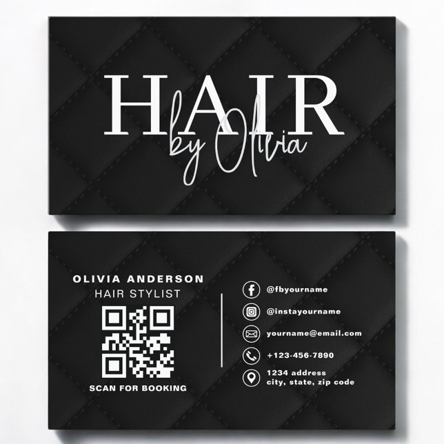 Tarjeta De Visita Luxury QR Code Hair Stylist Black Quilted Fabric (Subido por el creador)