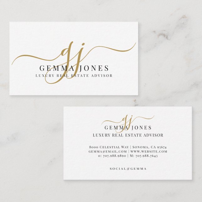 Tarjeta De Visita Luxury Real Estate Advisor Gold Script Monogram (Anverso / Reverso)
