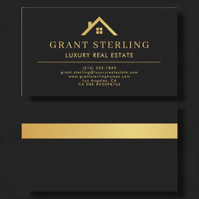Tarjeta De Visita Luxury Real Estate Agent Black Gold Metallic (Subido por el creador)