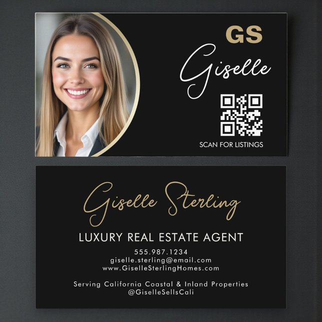 Tarjeta De Visita Luxury Real Estate Agent QR Code Black Gold Photo  (Subido por el creador)