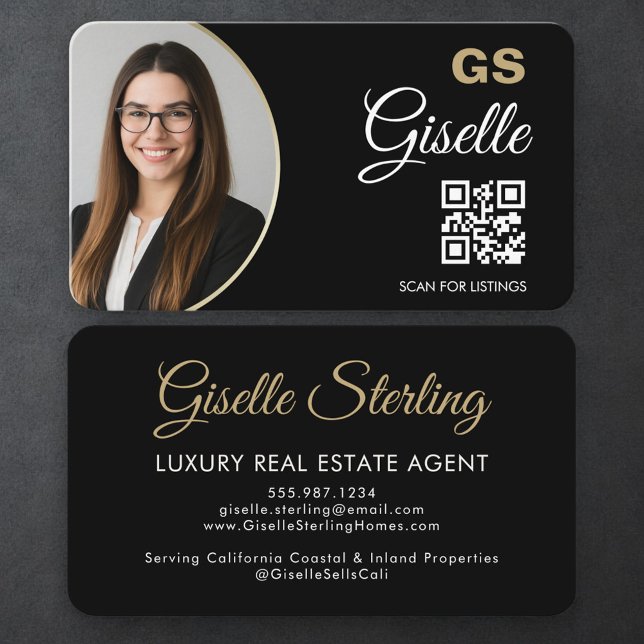 Tarjeta De Visita Luxury Real Estate Agent QR Code Black Gold Photo  (Subido por el creador)