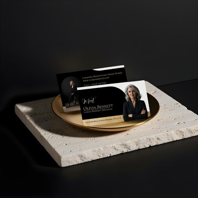 Tarjeta De Visita Luxury Real Estate Arch Frame Photo Black Gold (Luxury Real Estate Arch Frame Photo Black Gold Business Card)