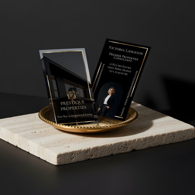 Tarjeta De Visita Luxury Real Estate Black Gold Photo Monogram (Luxury Real Estate Black Gold Photo Monogram Business Card)