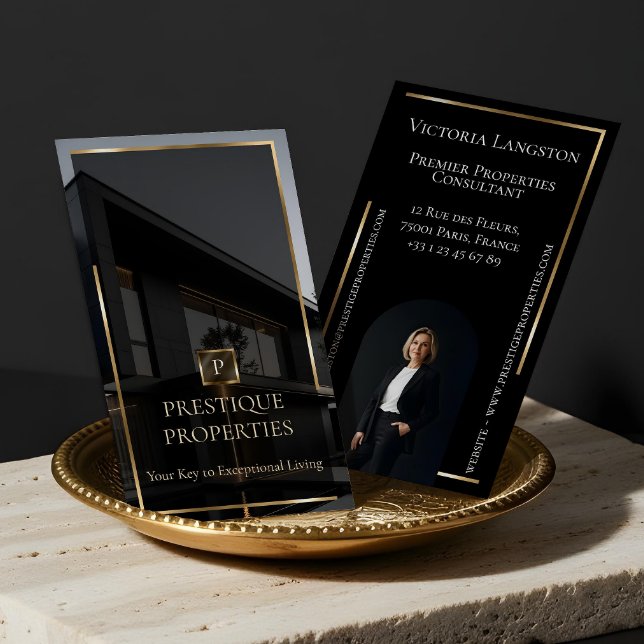 Tarjeta De Visita Luxury Real Estate Black Gold Photo Monogram (Luxury Real Estate Black Gold Photo Monogram Business Card)