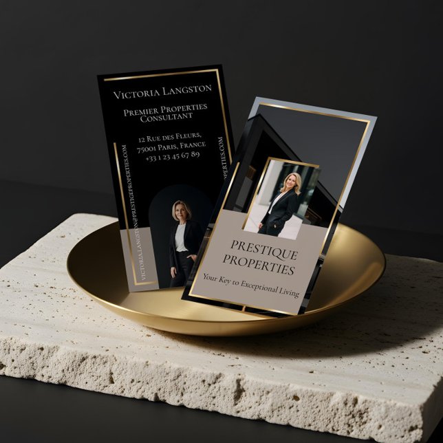 Tarjeta De Visita Luxury Real Estate Black Gold Photo Monogram (Luxury Real Estate Black Gold Photo Monogram Business Card)