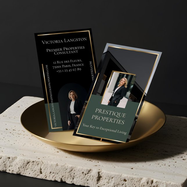 Tarjeta De Visita Luxury Real Estate Black Gold Photo Monogram (Luxury Real Estate Black Gold Photo Monogram Green Business Card)
