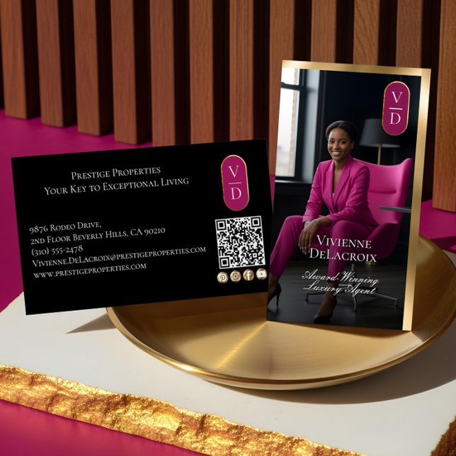 Tarjeta De Visita Luxury Real Estate Black Gold Pink Photo Monogram (Luxury Real Estate Black Gold Pink Photo Monogram Business Card)