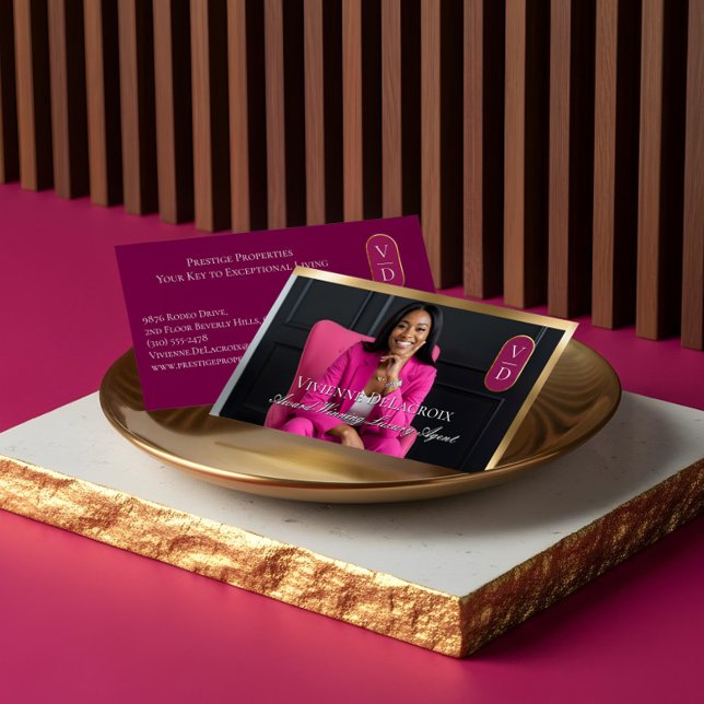 Tarjeta De Visita Luxury Real Estate Black Gold Pink Photo Monogram (Luxury Real Estate Black Gold Pink Photo Monogram Business Card)