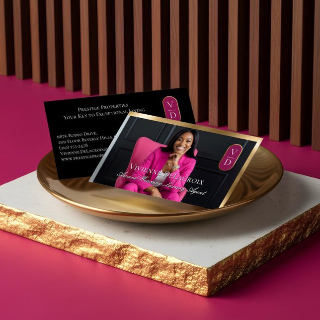 Tarjeta De Visita Luxury Real Estate Black Gold Pink Photo Monogram (Luxury Real Estate Black Gold Pink Photo Monogram Business Card)