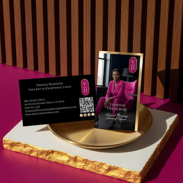 Tarjeta De Visita Luxury Real Estate Black Gold Pink Photo Monogram (Luxury Real Estate Black Gold Pink Photo Monogram Business Card)