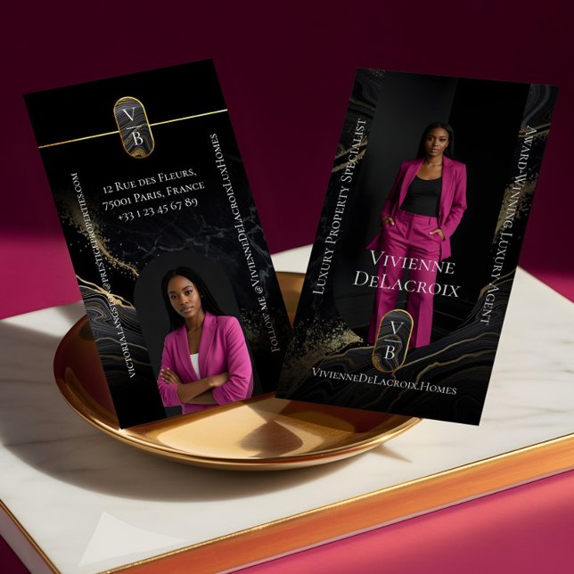 Tarjeta De Visita Luxury Real Estate Elegant Black Gold Marble Photo (Luxury Real Estate Elegant Black Gold Marble Photo Business Card)