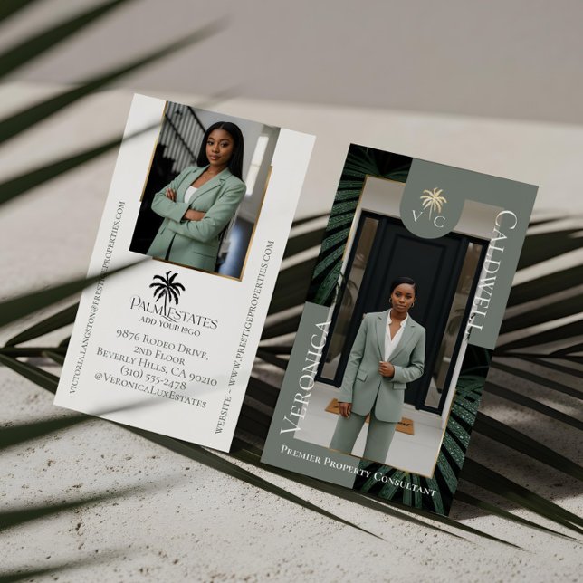 Tarjeta De Visita Luxury Real Estate Firm Palm Tree Monogram Photo (Elegant Luxury Tropical Palm Tree Monogram Photo Business Card)